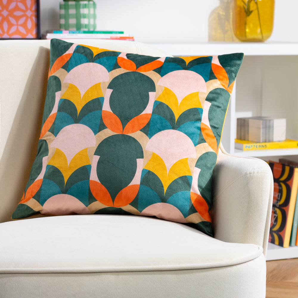 Raeya Orange Art Deco Cushion Cover, Peach/Pine Cushions
