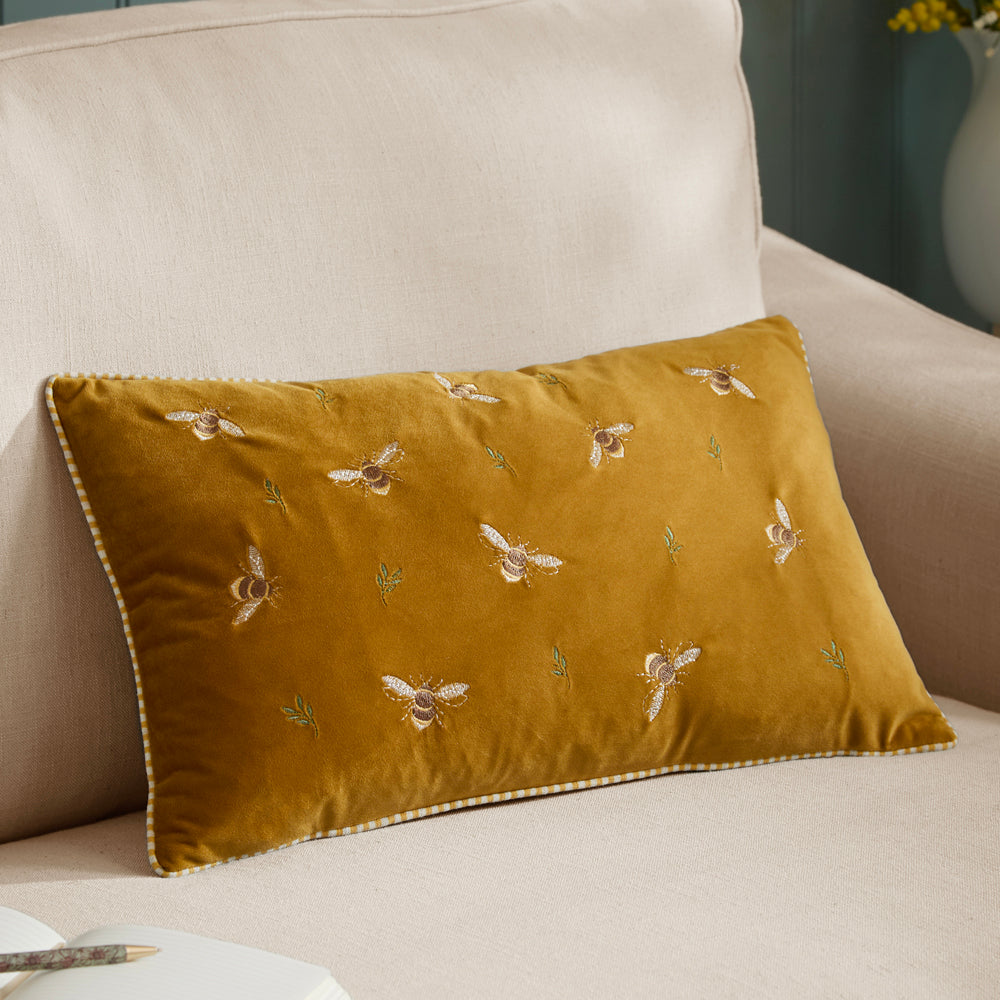 Ramble Bees Embroidered Velvet Cushion Honey