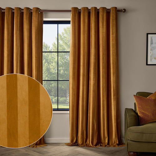 Regency Stripe Velvet Fully Lined Eyelet Curtains Antique Gold