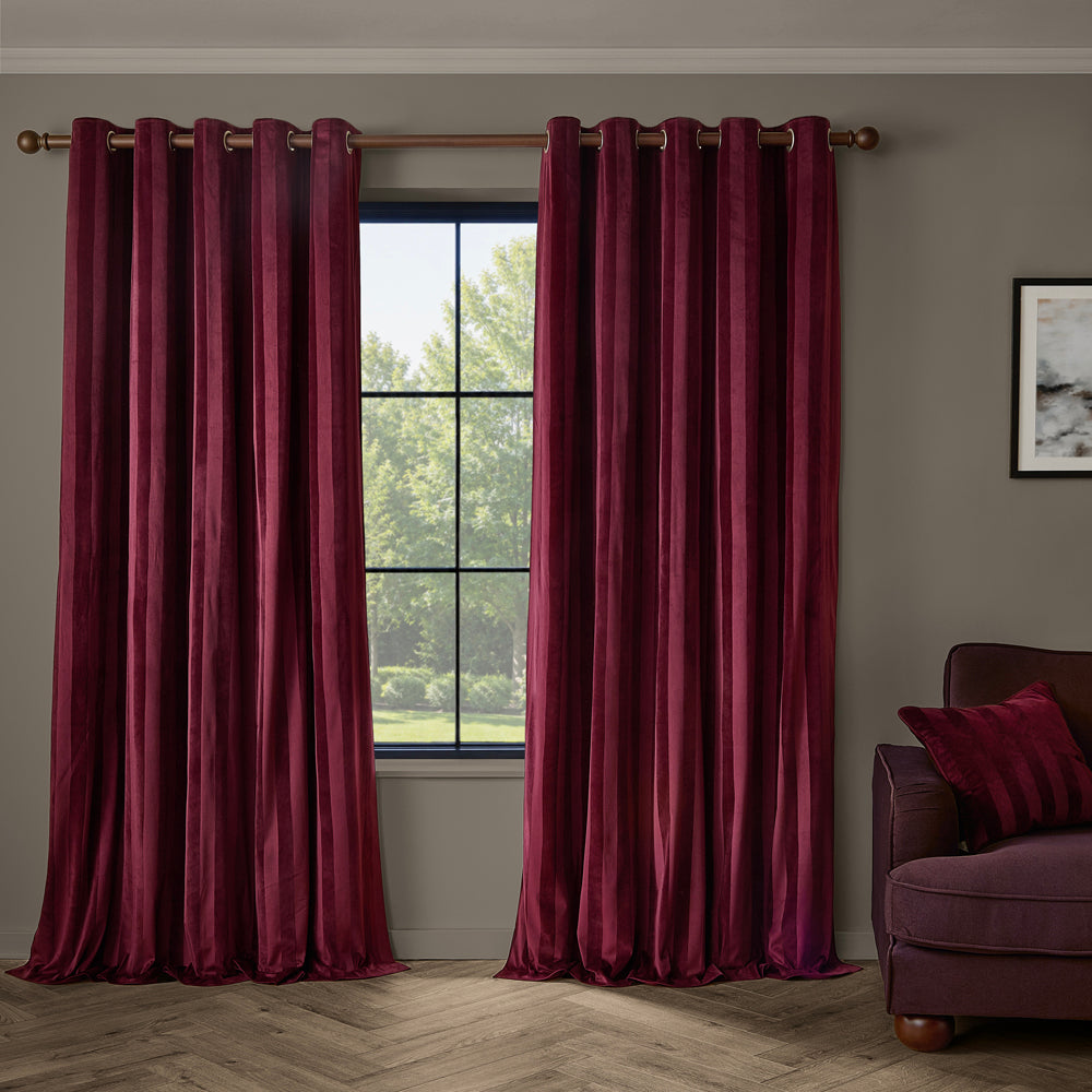 Regency Stripe Velvet Fully Lined Eyelet Curtains Burgundy