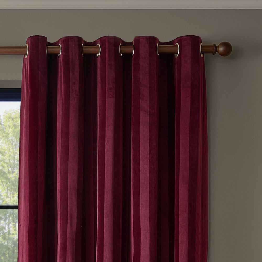 Regency Stripe Velvet Fully Lined Eyelet Curtains Burgundy