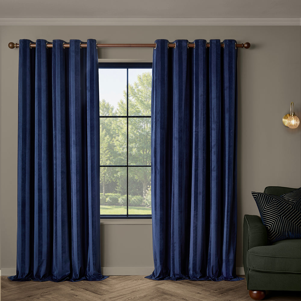 Regency Stripe Velvet Fully Lined Eyelet Curtains Midnight