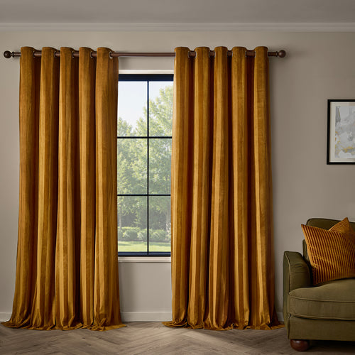 Regency Stripe Velvet Fully Lined Eyelet Curtains Antique Gold
