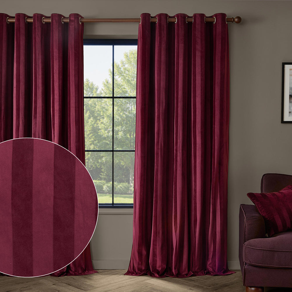 Regency Stripe Velvet Fully Lined Eyelet Curtains Burgundy