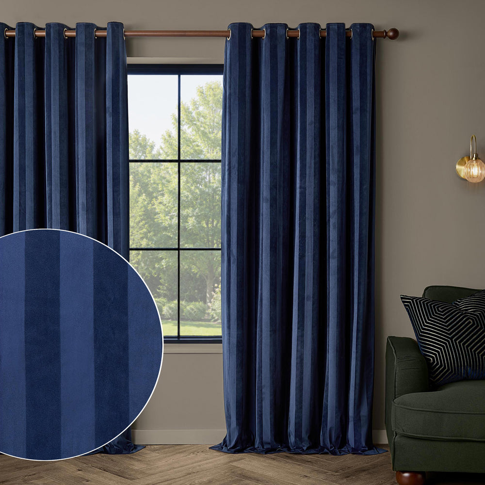 Striped Blue Curtains - Regency Stripe Velvet Fully Lined Eyelet Curtains Midnight Paoletti