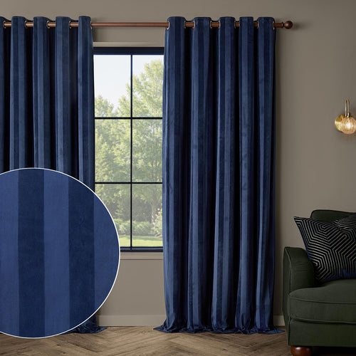 Regency Stripe Velvet Fully Lined Eyelet Curtains Midnight