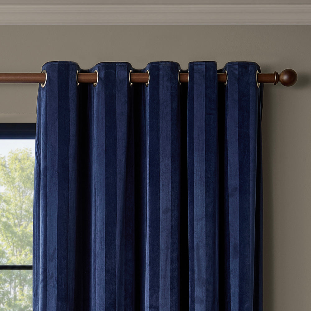 Regency Stripe Velvet Fully Lined Eyelet Curtains Midnight