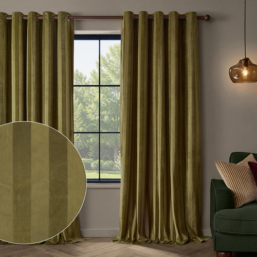 Regency Stripe Velvet Fully Lined Eyelet Curtains Olive