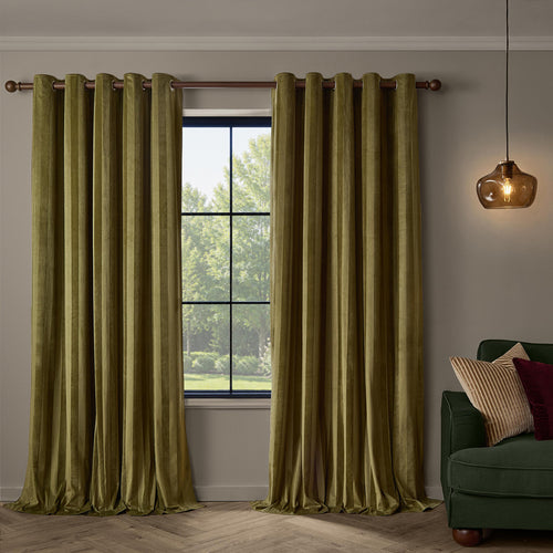 Regency Stripe Velvet Fully Lined Eyelet Curtains Olive
