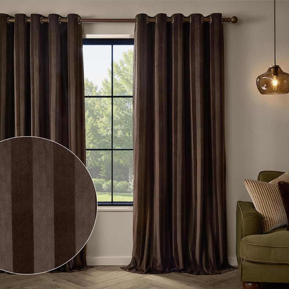 Regency Stripe Velvet Fully Lined Eyelet Curtains Chocolate