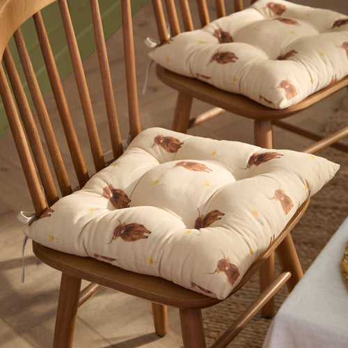 Animal Beige Cushions - Ramble Highland Cow 2 Pack Cotton Slub Seat Pads Natural Wylder
