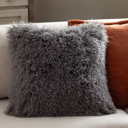 Plain Grey Cushions - Rowan Faux Fur  Cushion Cover Grey Furn