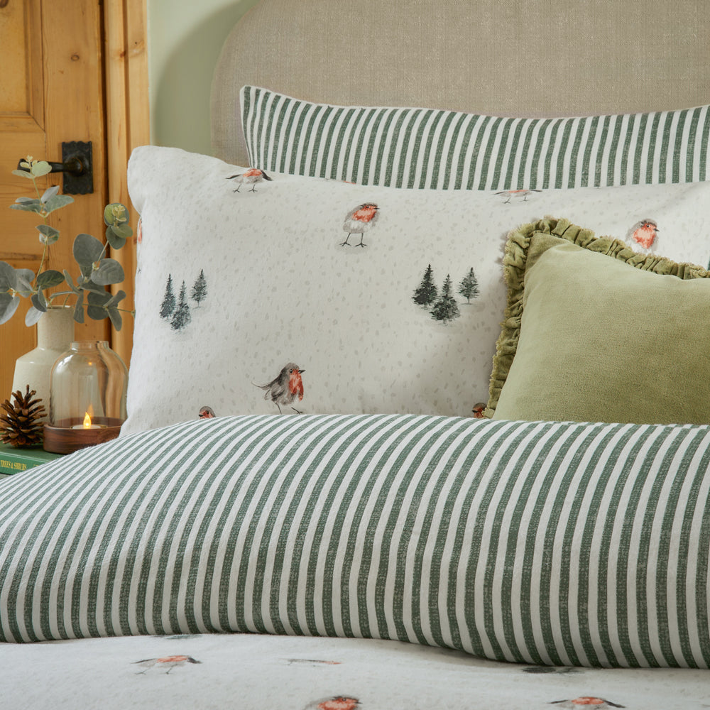Robins Return Brushed Cotton Duvet Cover Set Cream/Pine