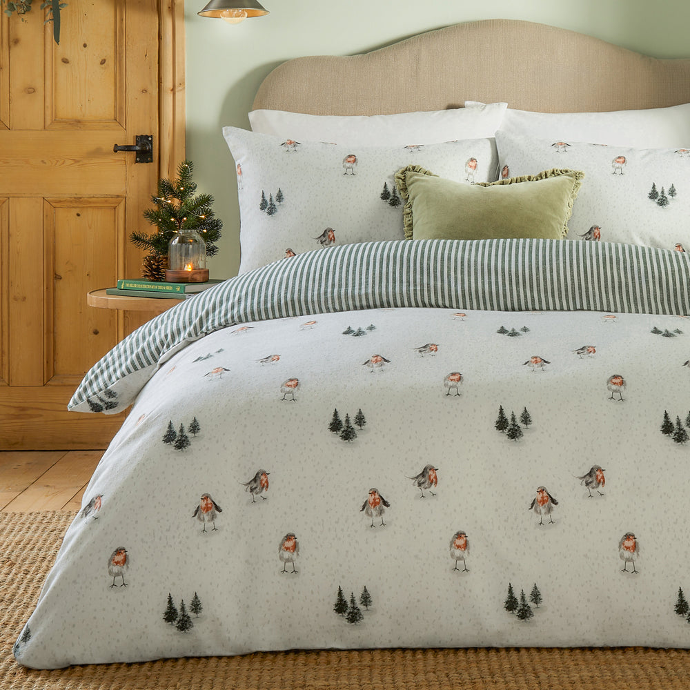 Robins Return Brushed Cotton Duvet Cover Set Cream/Pine