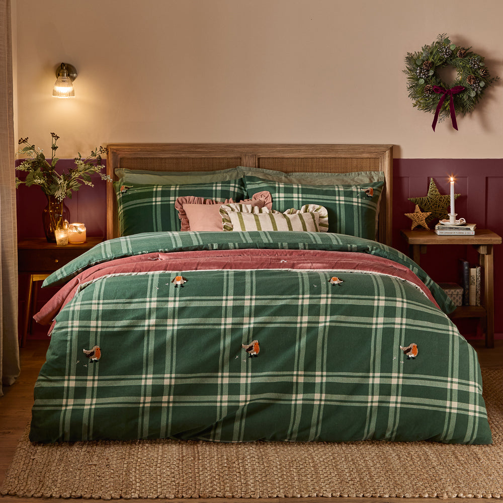 Check Green Bedding - Ramble Robin Tufted Brushed Cotton Duvet Cover Set Green Wylder