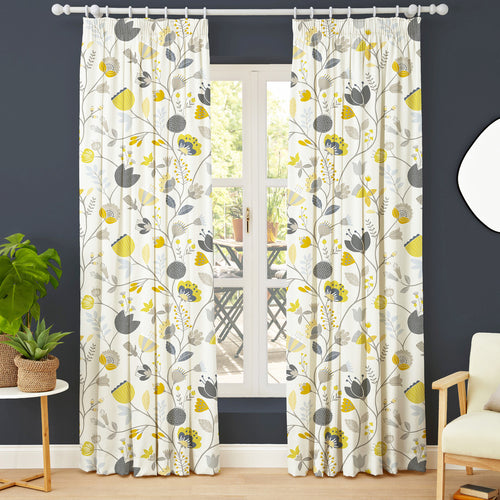 Floral Beige M2M - Scandi Floral Grey/Ochre Made to Measure Curtains furn.