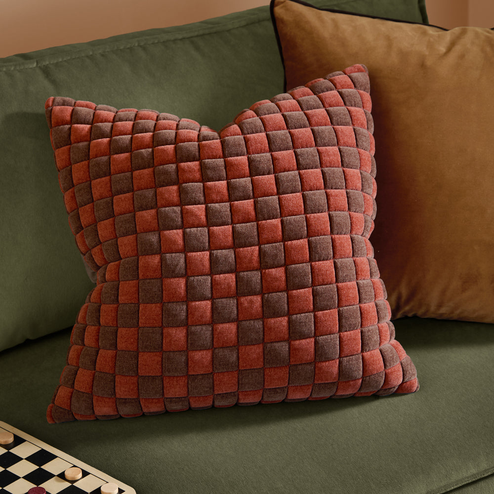 Softie Checkerboard Quilted Cushion Cinnamon/Chocolate