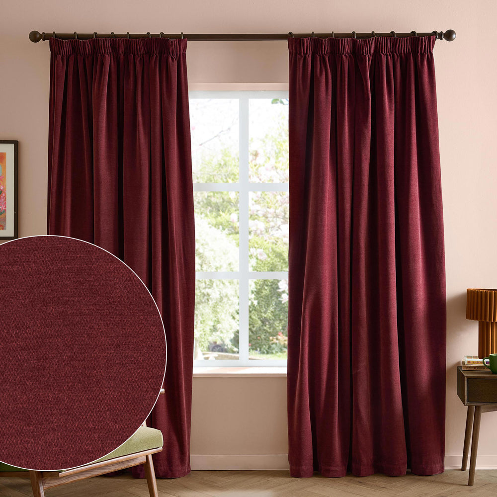 Soft Chenille Blackout Pencil Pleat Curtains Beetroot