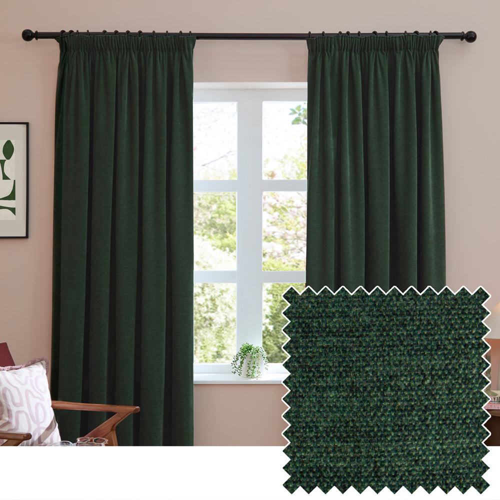 Soft Chenille Green Blackout Pencil Pleat Curtains | Bottle Green