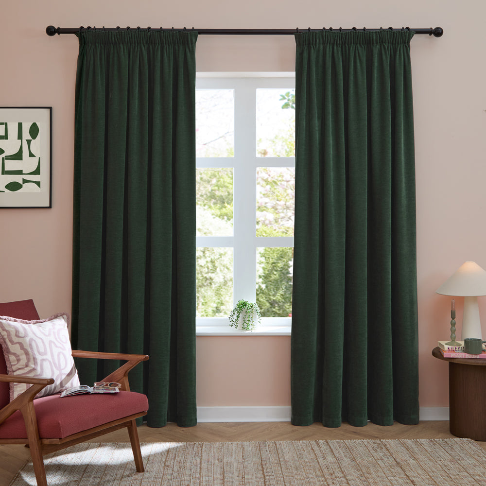 Soft Chenille Green Blackout Pencil Pleat Curtains | Bottle Green