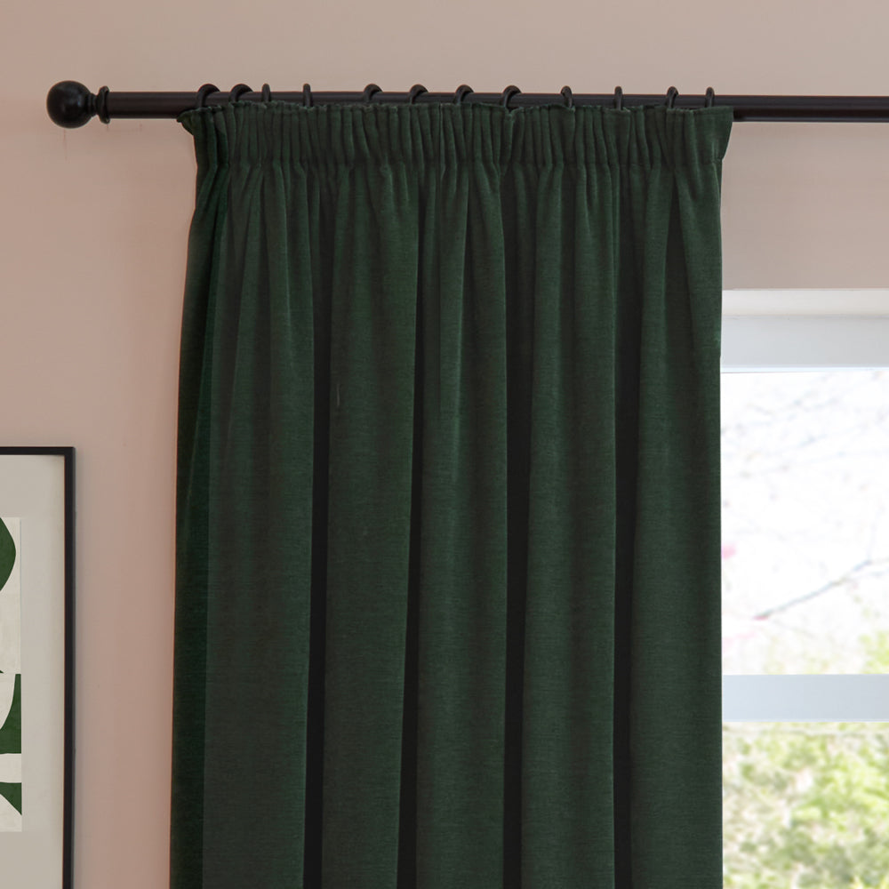 MYTONE POJAGI CURTAIN：Green Soft Chenille Green Blackout Pencil Pleat Curtains | Bottle Green