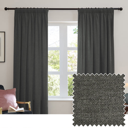 Plain Grey Curtains - Soft Chenille Blackout Pencil Pleat Curtains Charcoal Furn