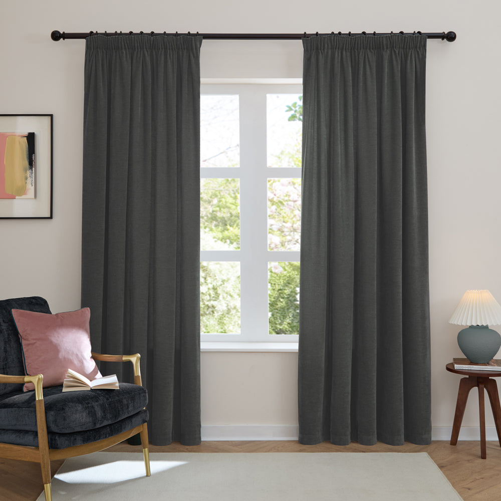 Plain Grey Curtains - Soft Chenille Blackout Pencil Pleat Curtains Charcoal Furn