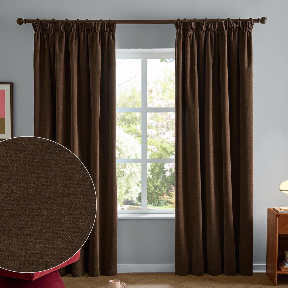 Soft Chenille Blackout Pencil Pleat Curtains Chocolate