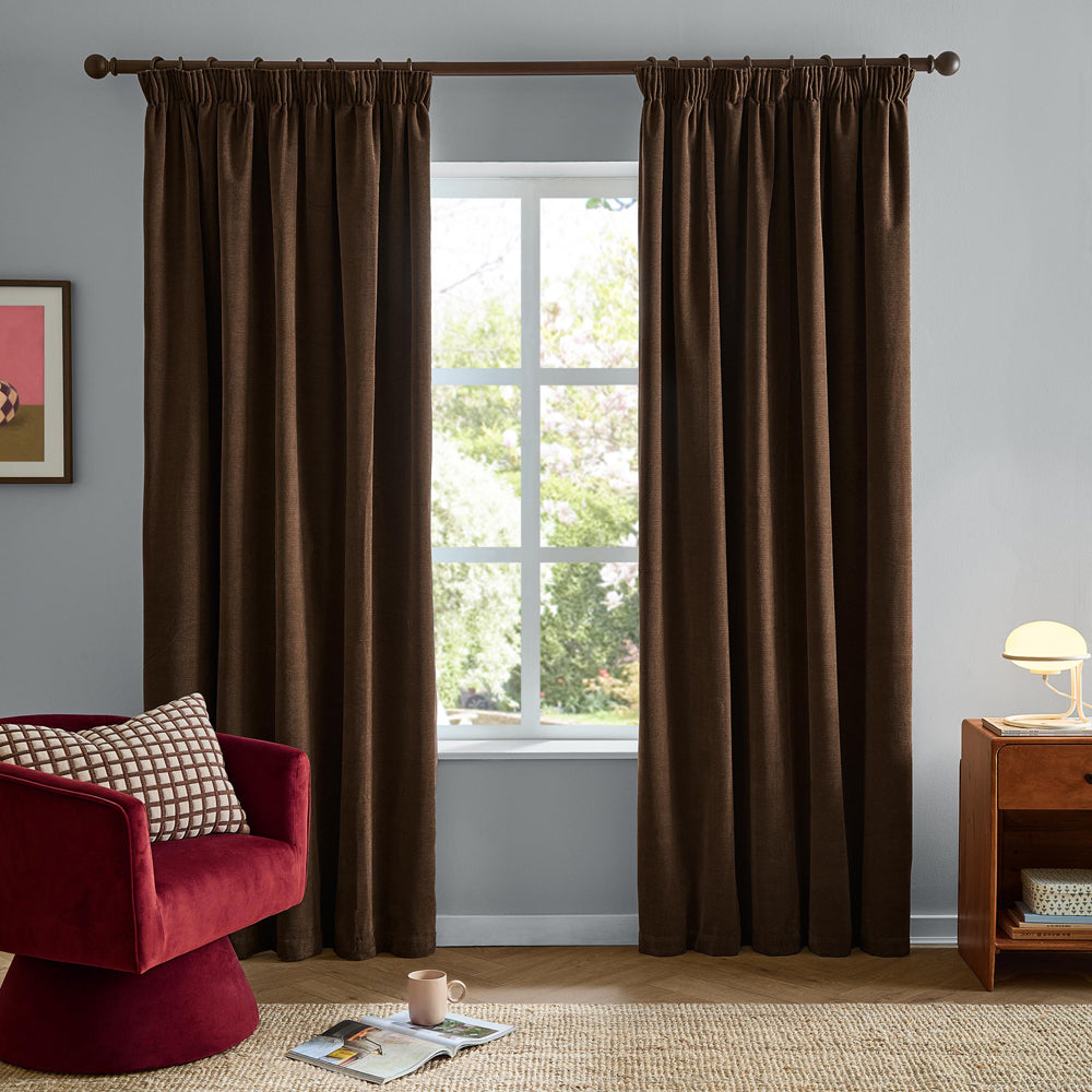Soft Chenille Blackout Pencil Pleat Curtains Chocolate