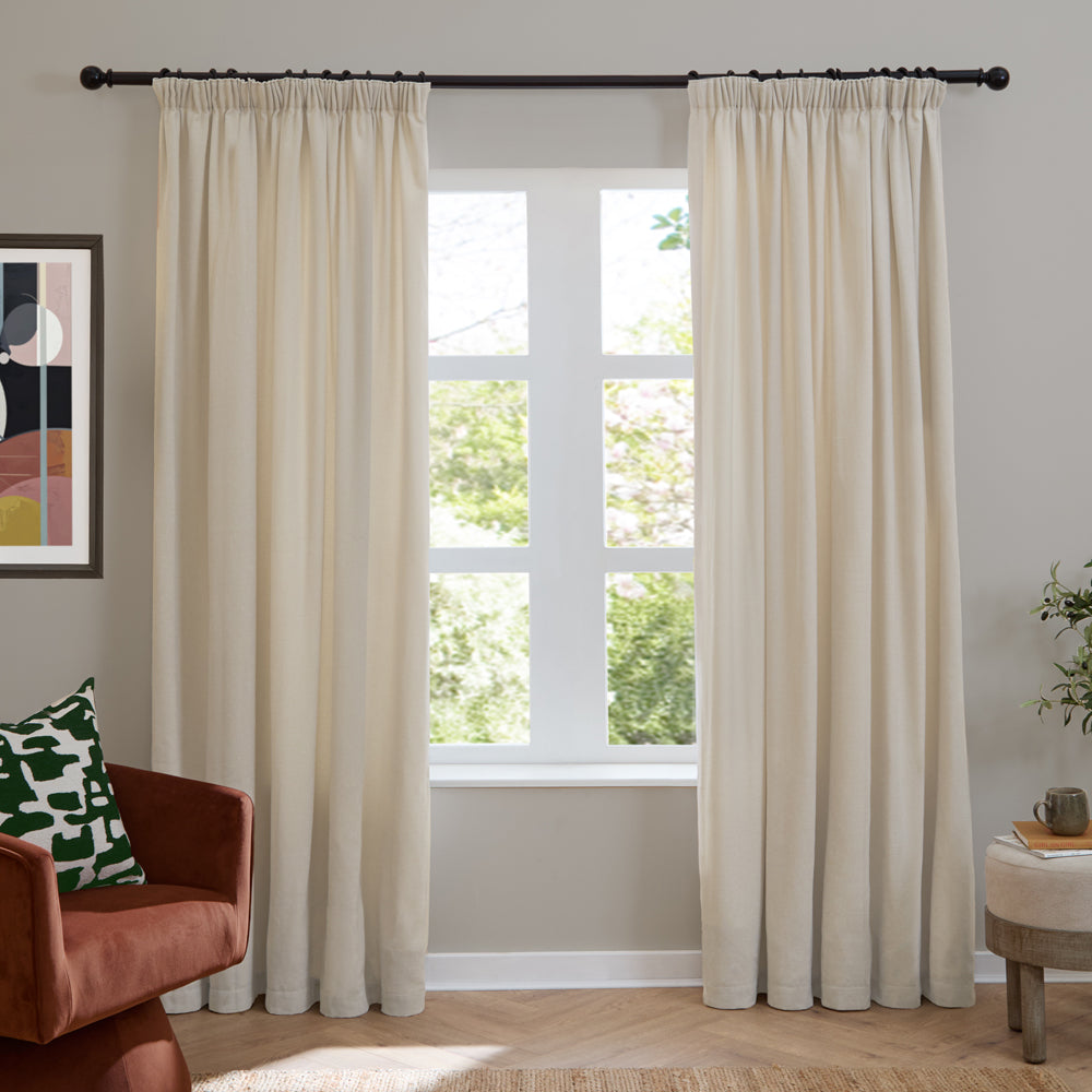Plain Cream Curtains - Soft Chenille Blackout Pencil Pleat Curtains Ecru Furn
