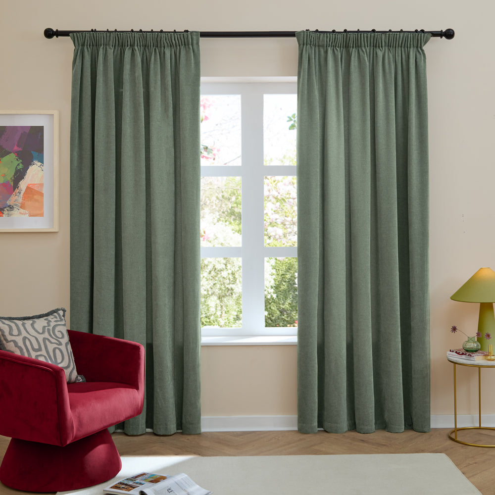 Plain Green Curtains - Soft Chenille Blackout Pencil Pleat Curtains Green Furn