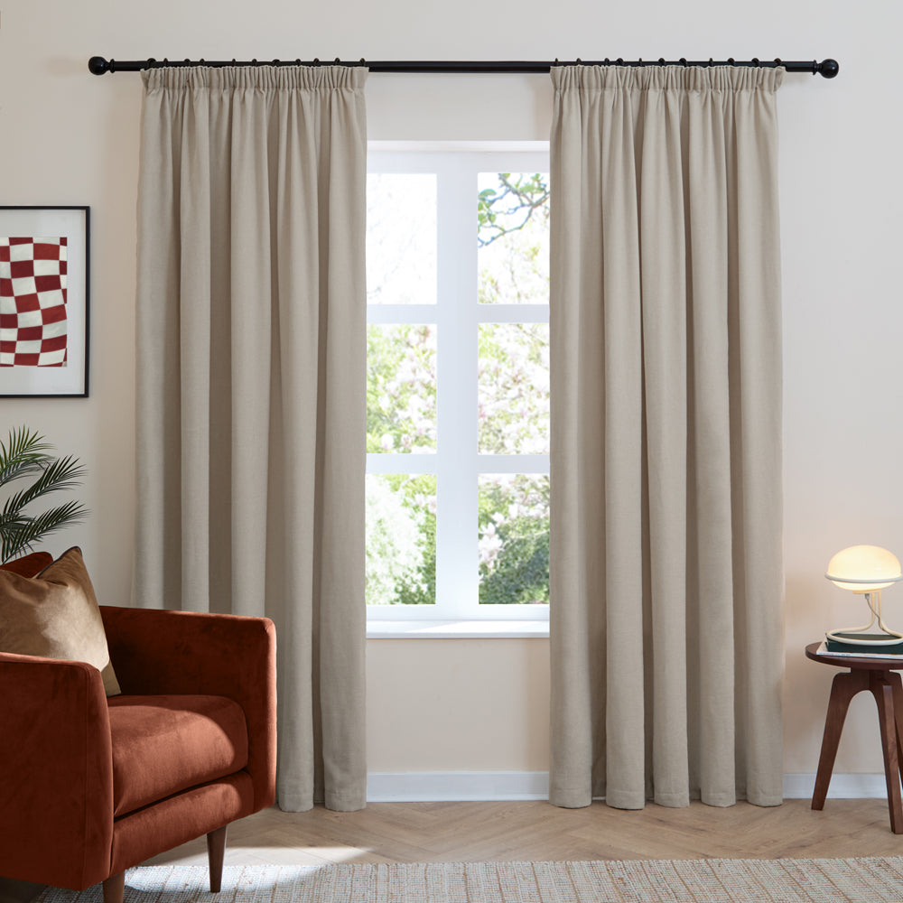 Plain Beige Curtains - Soft Chenille Blackout Pencil Pleat Curtains Natural Furn