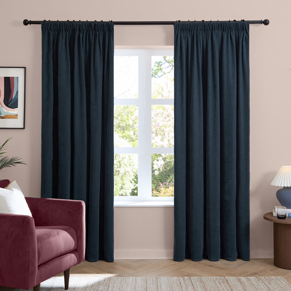 Plain Blue Curtains - Soft Chenille Blackout Pencil Pleat Curtains Navy Furn