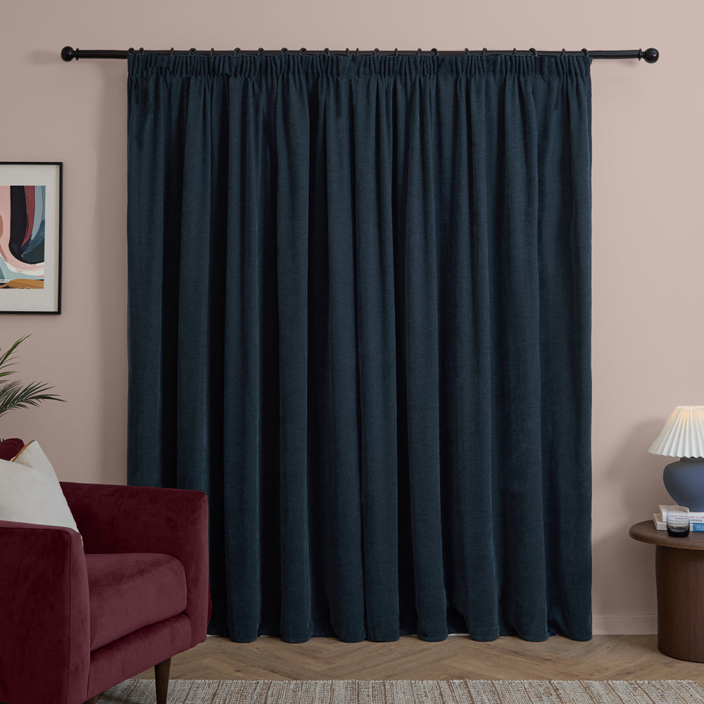 Soft Chenille Blackout Pencil Pleat Curtains Navy
