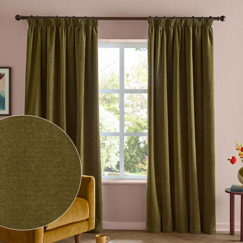 Soft Chenille Blackout Pencil Pleat Curtains Olive