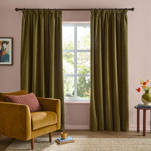 Soft Chenille Blackout Pencil Pleat Curtains Olive