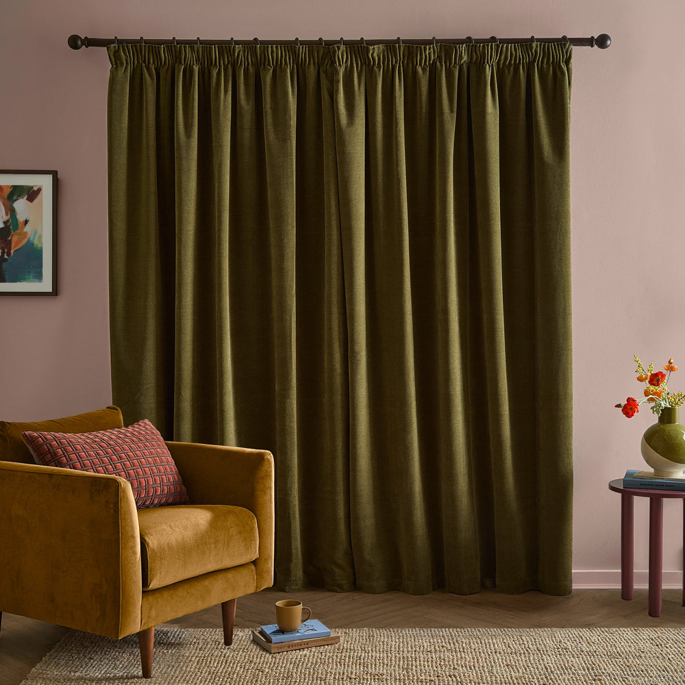 Soft Chenille Blackout Pencil Pleat Curtains Olive