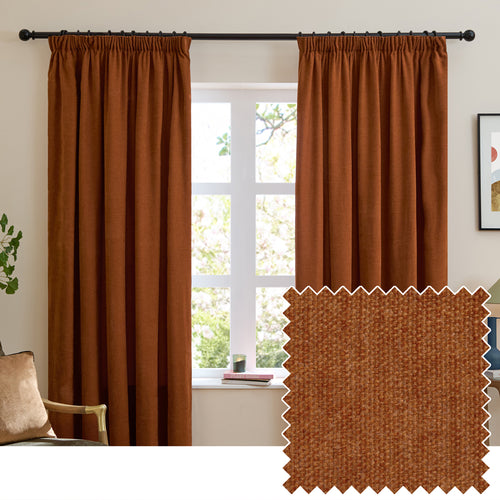 Plain Orange Curtains - Soft Chenille Blackout Pencil Pleat Curtains Rust Furn
