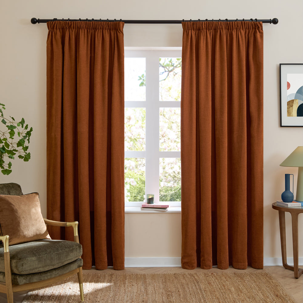 Plain Orange Curtains - Soft Chenille Blackout Pencil Pleat Curtains Rust Furn