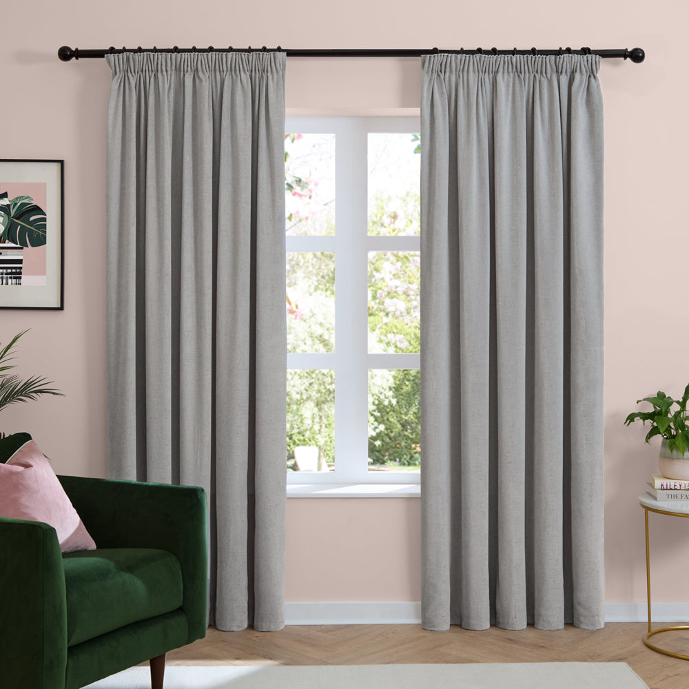 Plain Grey Curtains - Soft Chenille Blackout Pencil Pleat Curtains Silver Furn