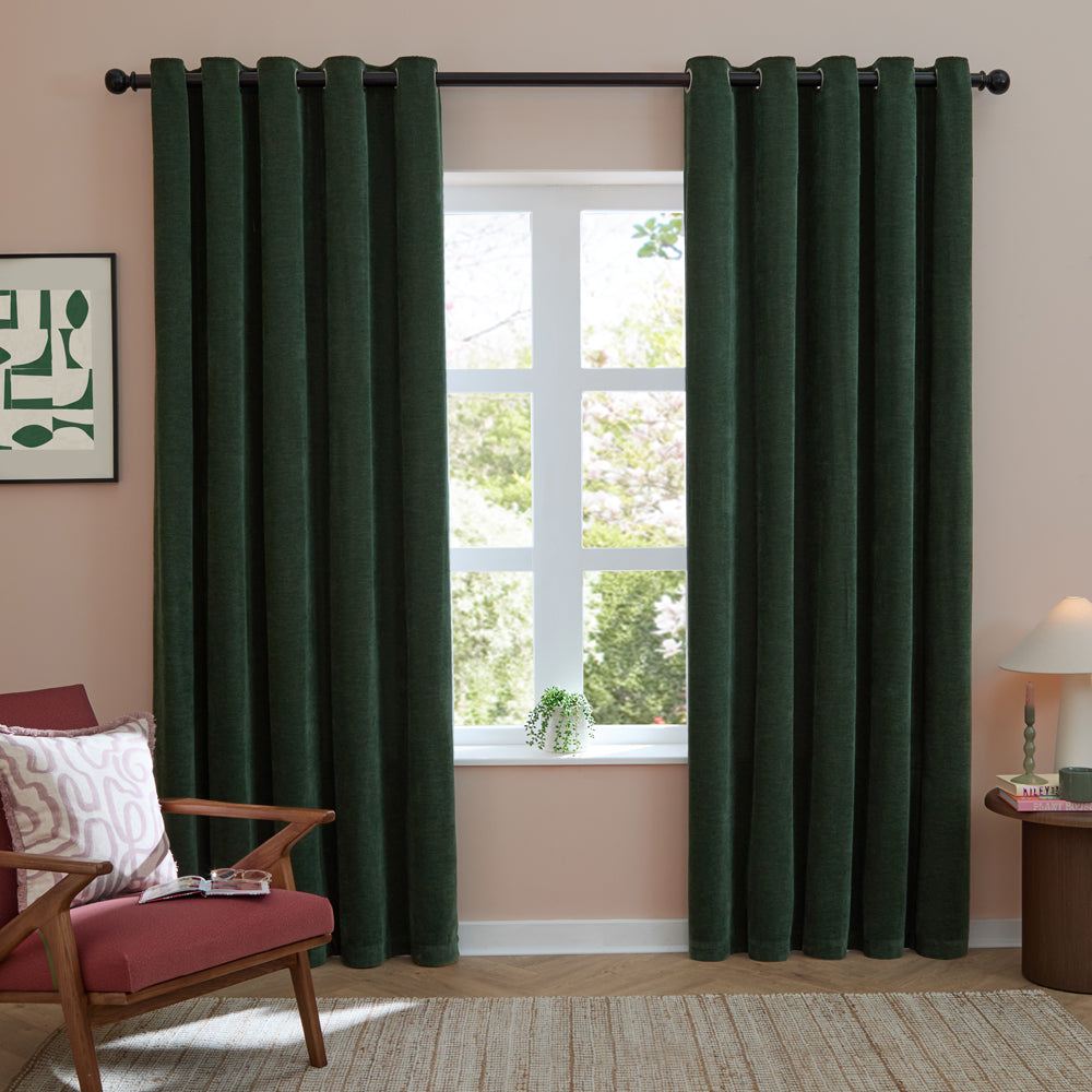 Plain Green Curtains - Soft Chenille Blackout Eyelet Curtains Bottle Green Furn