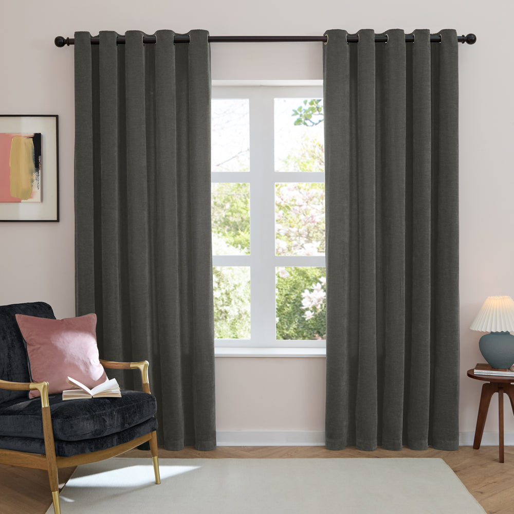 Plain Grey Curtains - Soft Chenille Blackout Eyelet Curtains Charcoal Furn