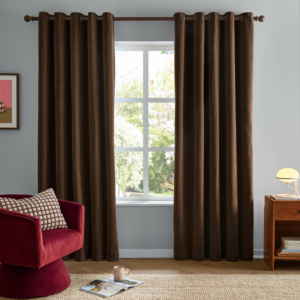 Soft Chenille Blackout Eyelet Curtains Chocolate