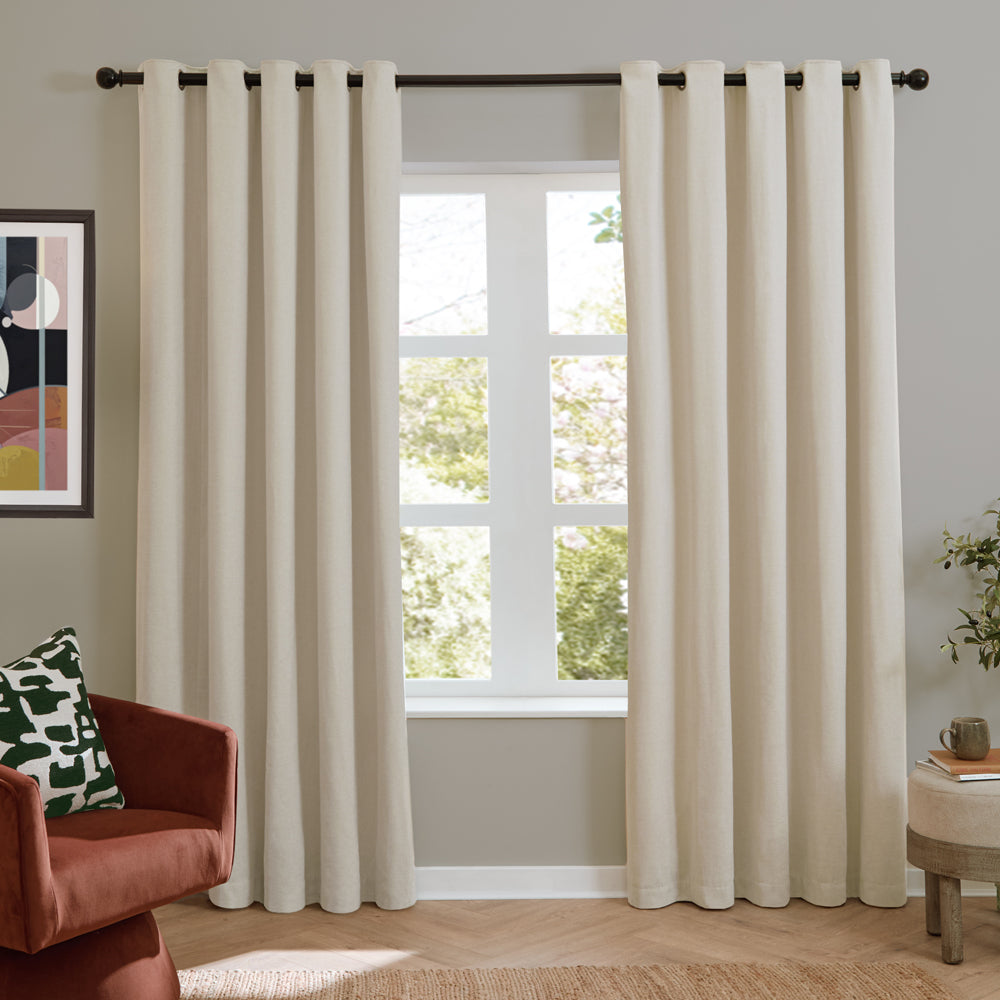 Plain Cream Curtains - Soft Chenille Blackout Eyelet Curtains Ecru Furn
