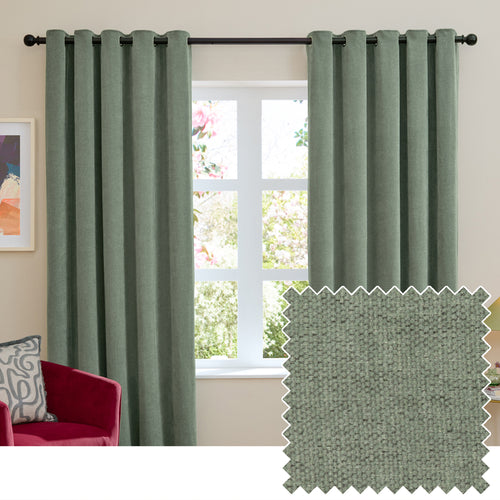 Plain Green Curtains - Soft Chenille Blackout Eyelet Curtains Green Furn