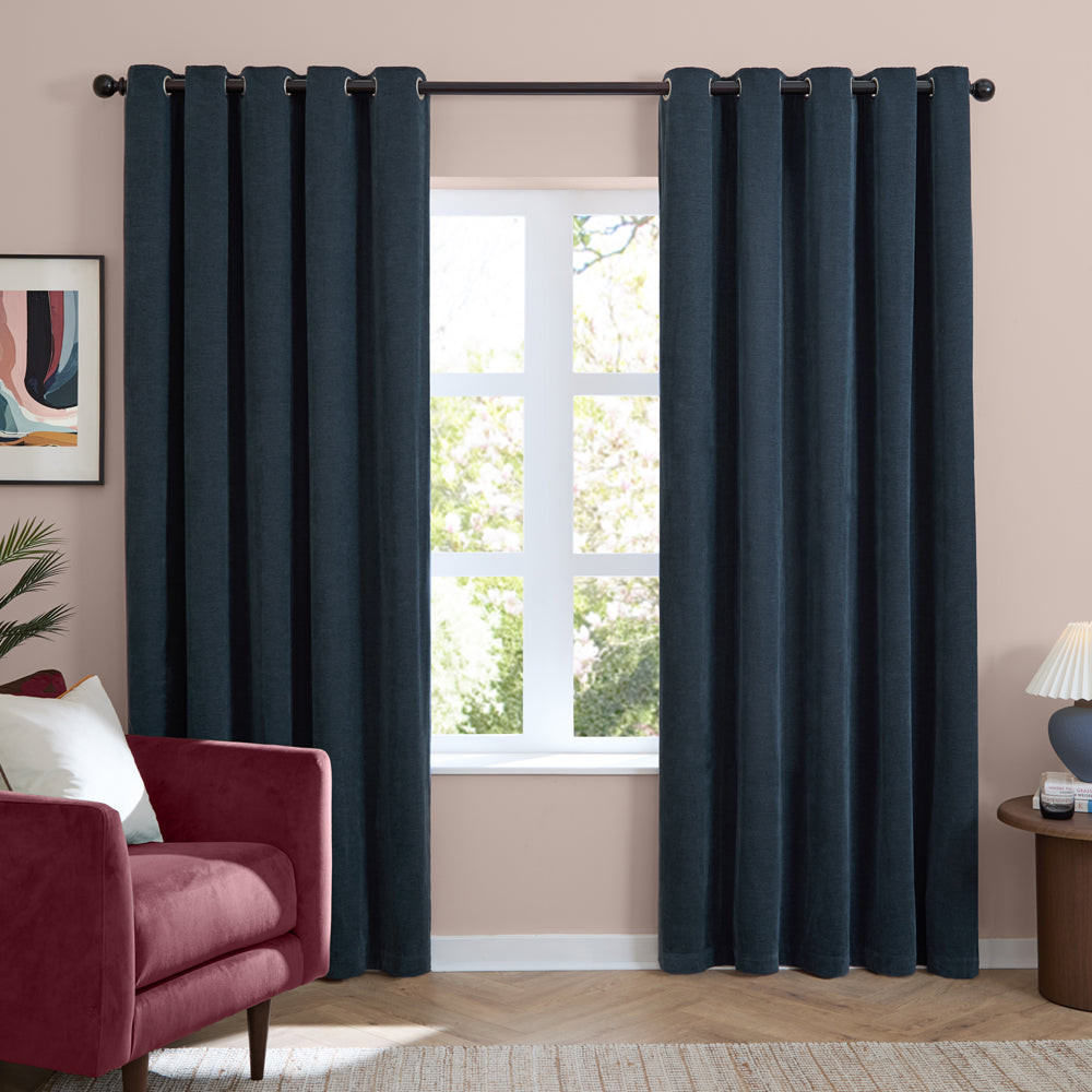 Plain Blue Curtains - Soft Chenille Blackout Eyelet Curtains Navy Furn