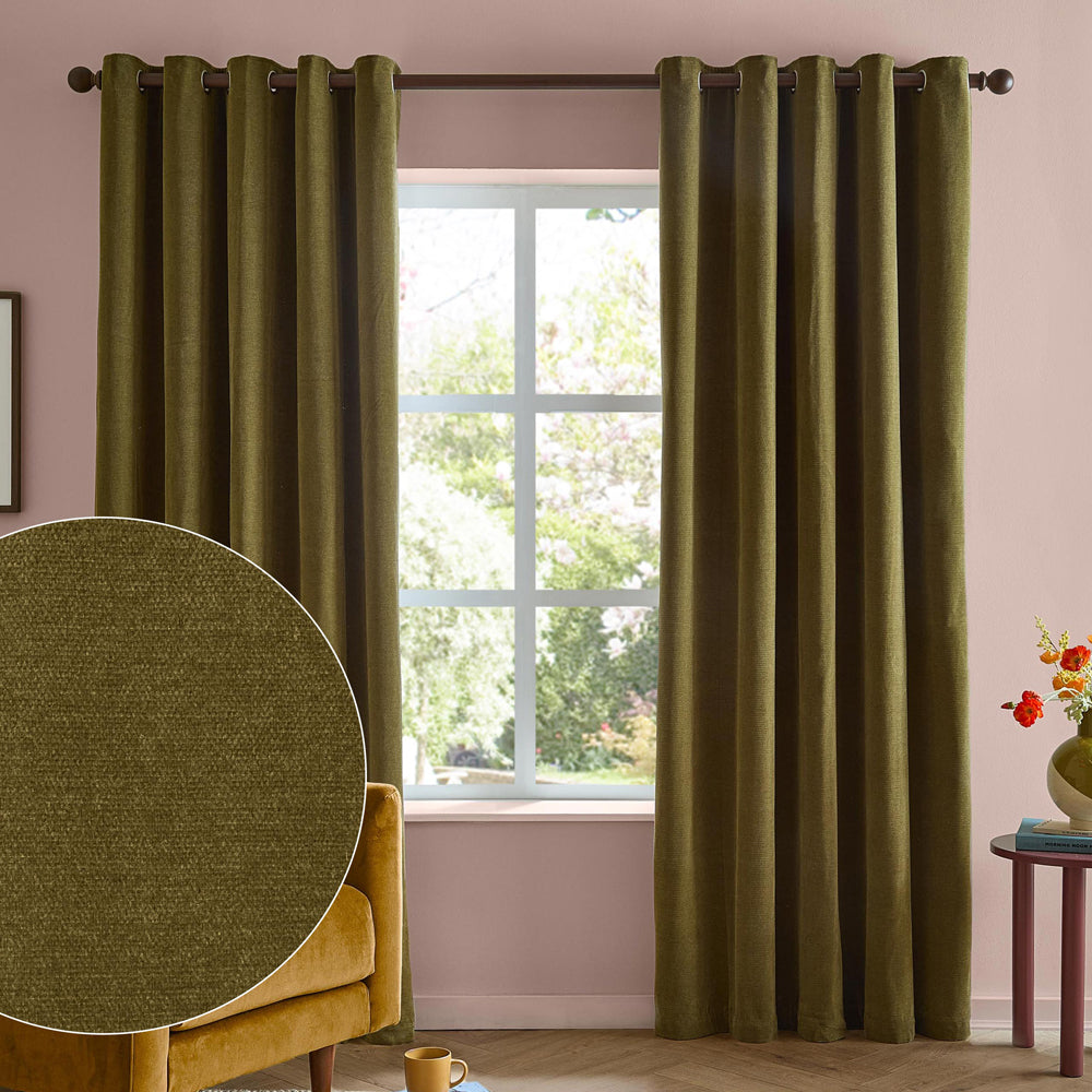 Plain Green Curtains - Soft Chenille Blackout Eyelet Curtains Olive Furn