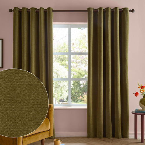 Soft Chenille Blackout Eyelet Curtains Olive