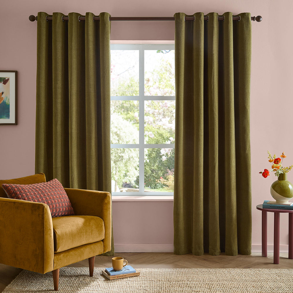 Soft Chenille Blackout Eyelet Curtains Olive