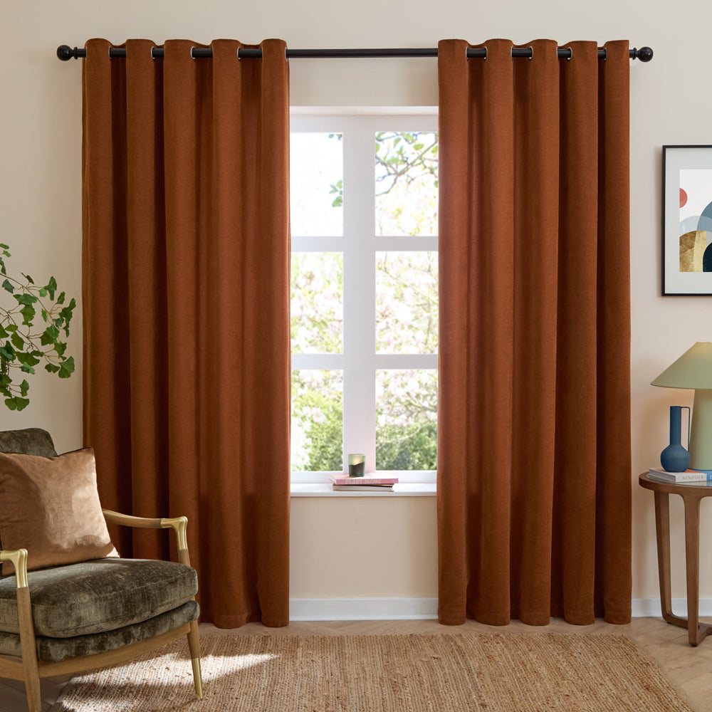 Plain Orange Curtains - Soft Chenille Blackout Eyelet Curtains Rust Furn